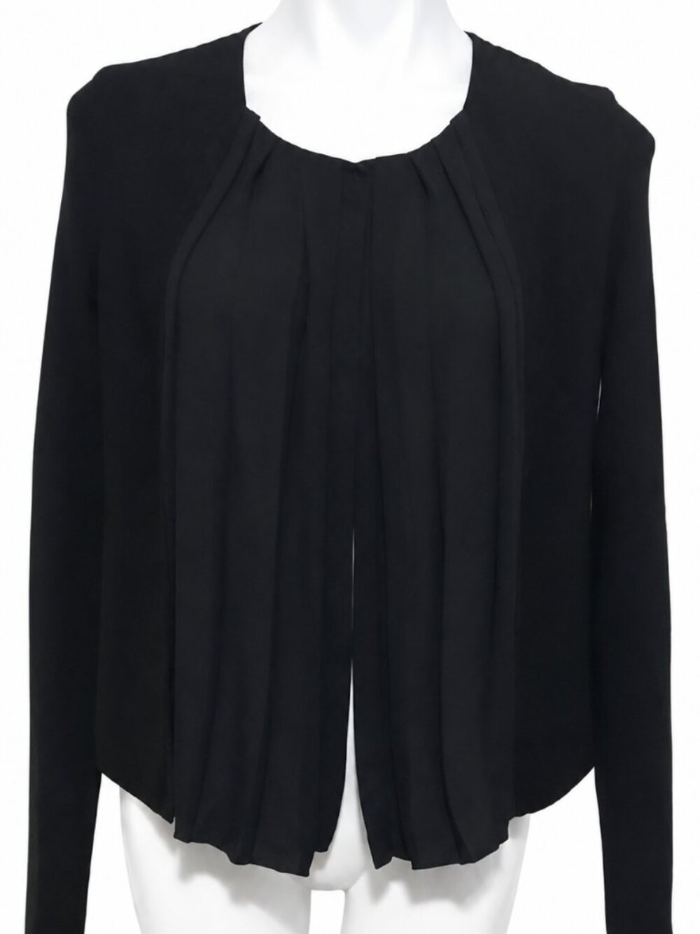 Size 38 CREA CONCEPT open front cardigan with distressed hem and knit sleeves.